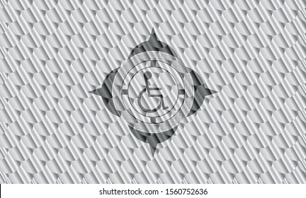 disabled (wheelchair) icon inside silver badge or emblem. Scales pattern. Vector Illustration. Detailed.