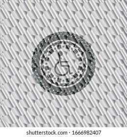 disabled (wheelchair) icon inside silver color badge or emblem. Scales pattern. Vector Illustration. Detailed.