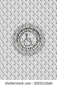 disabled (wheelchair) icon inside silver color badge or emblem. Scales pattern. Vector Illustration. Detailed. 