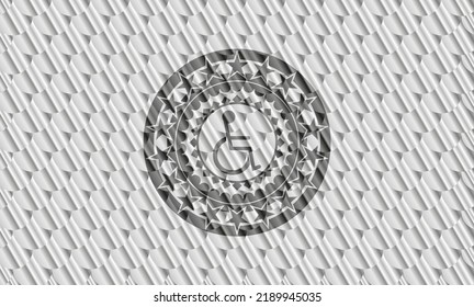 Rollstuhl-Symbol in silberfarbenem Emblem oder Abzeichen. Skaliert Muster. Vektorgrafik. Detaillierte Angaben. 