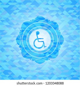disabled (wheelchair) icon inside sky blue emblem. Mosaic background