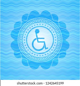disabled (wheelchair) icon inside sky blue water wave badge background.