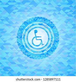 disabled (wheelchair) icon inside sky blue emblem with triangle mosaic background