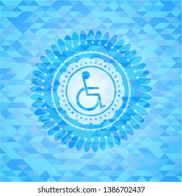 disabled (wheelchair) icon inside sky blue emblem with triangle mosaic background
