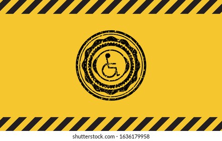 disabled (wheelchair) icon inside warning sign, black grunge emblem. Vector Illustration. Detailed.