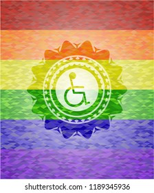 disabled (wheelchair) icon on mosaic background with the colors of the LGBT flag