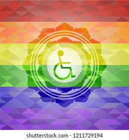 disabled (wheelchair) icon on mosaic background with the colors of the LGBT flag