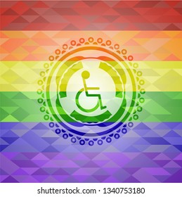 disabled (wheelchair) icon on mosaic background with the colors of the LGBT flag
