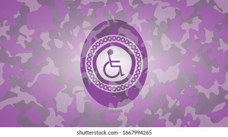 disabled (wheelchair) icon on pink and purple camo pattern