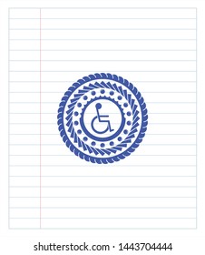 disabled (wheelchair) icon pen emblem. Blue ink. Vector Illustration. Detailed.
