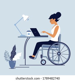 Disabled wheelchair woman working at laptop. Handicapped woman at workplace. Disabled people employment and social adaptation concept illustration