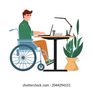 Disabled wheelchair young man working at laptop.Man sitting in wheelchair. The concept of employment and social adaptation of disabled people. Workplace. Vector illustration in flat style.