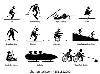 Disabled Winter Sports And Games For Handicapped Athlete Stick Figures Icons. Vector Symbols Of Skiing, Snowboarding, Biathlon, Ice Sledge Hockey, And Wheelchair Curling For Physical Disabilities. 