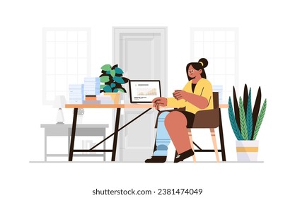 disabled woman accountant with replaced robotic leg and arm girl analyzing financial data statistics on laptop people with disabilities concept
