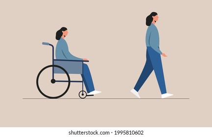 Disabled woman before and after recovery. Female character sitting in a wheelchair and walking from wheelchair. Vector illustration