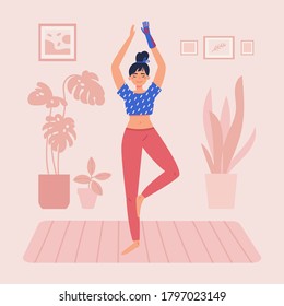 Disabled woman with bionic hand practices yoga in her room.Daily activities and fun.Home interior.Mindfulness practices.Meditative pose.Vector flat style cartoon illustration.
