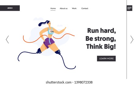 Disabled Woman Character Running Landing Page Template. Female Runner with Prosthesis. Paralympic Athlete Runs Marathon. Disability Sport Concept Website Banner. Vector flat cartoon illustration
