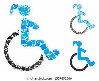 Disabled woman composition of bumpy pieces in various sizes and shades, based on disabled woman icon. Vector uneven pieces are combined into collage. Disabled woman icons collage with dotted pattern.