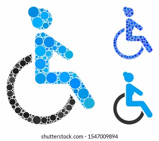Disabled woman composition of small circles in variable sizes and color hues, based on disabled woman icon. Vector small circles are composed into blue composition.