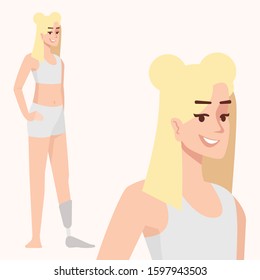 Disabled woman flat vector illustration. Body positive and feminism. Blonde girl. Female with prosthetic leg. Caucasian smiling lady dressed in lingerie isolated cartoon character on white background