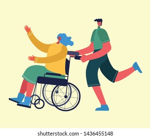 Disabled Woman With Friend, Young Invalid Person On The Wheel Chair Vector Illustration In The Flat Style