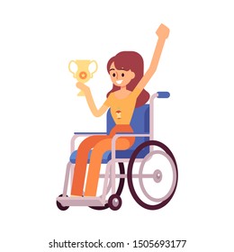 Disabled woman or handicapped girl on the wheelchair a winner of a sport competition with the award cup flat vector illustration isolated on white background. Active lifestyle.