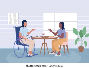 Disabled woman having dinner with friend flat color vector illustration. Inclusion and diversity in everyday life. Fully editable 2D simple cartoon characters with restaurant on background