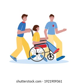 Disabled woman having good time with friends, flat vector illustration isolated on white background. Group of healthy and handicapped people cartoon characters.