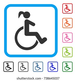 Disabled Woman icon. Flat grey iconic symbol inside a light blue rounded frame. Black, gray, green, blue, red, orange color versions of Disabled Woman vector.