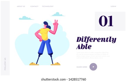 Disabled Woman with Legs Prosthesis Smiling and Showing Victory Gesture by Hand, Motivation, Handicapped Girl Enjoying Life. Website Landing Page, Web Page. Cartoon Flat Vector Illustration, Banner