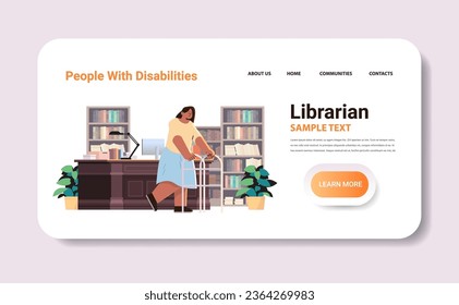 disabled woman librarian standing with walking stick in bookstore or library people with disabilities concept horizontal