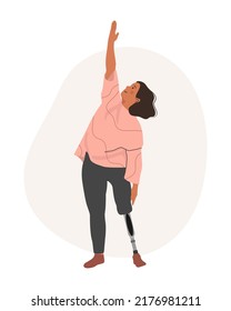 Disabled Woman living full life. A Woman doing Yoga thanks to a modern Prosthesis. People with Disabilities, Prosthesis, amputation, inclusion. Vector illustration.