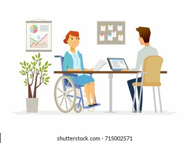 Disabled woman in the office - modern cartoon people characters illustration. A person in a wheelchair talks to a young colleague working at a tablet computer. Job interview, workday, social help