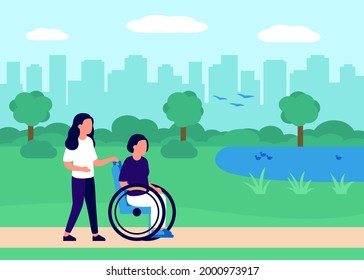 Disabled woman on wheelchair walk with help volunteer in city urban park. City park, recreation area with people performing leisure outdoors. Handicap rehabilitation. Vector illustration