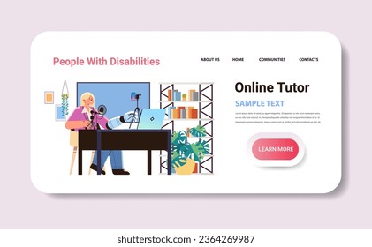 disabled woman online tutor with replaced robotic arm e-learning distance education people with disabilities concept