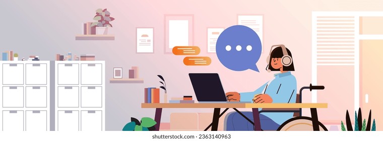 disabled woman operator with headset in wheelchair girl chatting with clients customer service rep people with disabilities concept