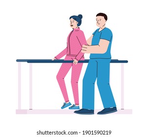 Disabled woman overcoming medical rehabilitation in rehab clinic, flat cartoon vector illustration isolated on white background. Physical therapy procedure.