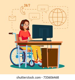 Disabled Woman Person Working Vector. Woman Sitting In Wheelchair. Disabled And Recovering. Flat Cartoon Illustration