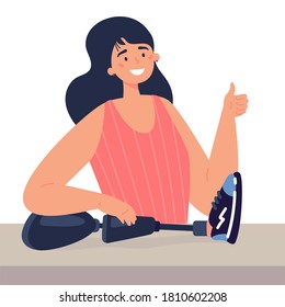 Disabled woman presents a prosthesis.Caucasian lady with artificial limb isolated cartoon character on white background.Advertising concept.Vector flat style cartoon illustration.