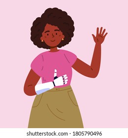 Disabled woman presents a prosthesis.Young woman with artificial limb isolated cartoon character on pinkbackground.Advertising concept.Vector flat style cartoon illustration.