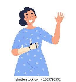 Disabled woman presents a prosthesis.Young woman with artificial limb isolated cartoon character on white background.Advertising concept.Vector flat style cartoon illustration.