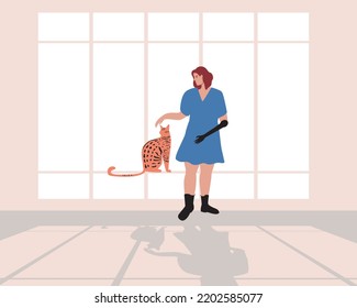 Disabled woman with prosthetic arm petting cat as pet indoor, flat vector stock illustration with room with window and shade in morning