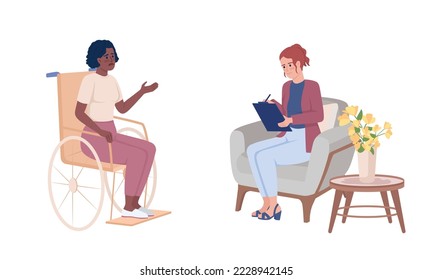 Disabled woman and psychologist semi flat color vector characters. Editable figures. Full body people on white. Therapy simple cartoon style illustrations for web graphic design and animation