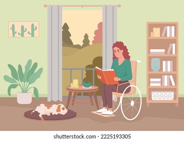 Disabled woman reading flat color vector illustration. Lady in wheelchair resting at home. Domestic lifestyle. Fully editable 2D simple cartoon interior with living room on background