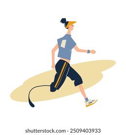 Disabled woman runner with artificial limbs performing sports isolated. Female athlete with prosthesis legs running at marathon race  flat vector illustration. Sportswoman with physical disability.