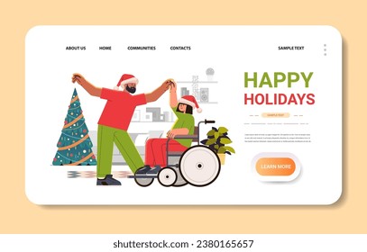 disabled woman in santa claus hat sitting in wheelchair and dancing with man people with disabilities concept merry christmas holidays celebration