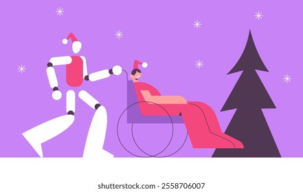 Disabled Woman in Santa Claus hat sitting in wheelchair and dancing with AI Robot. Merry Christmas 2025. Flat vector illustration with New Year tree background.