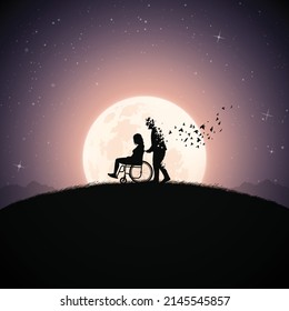 Disabled woman silhouette in wheelchair. Death, afterlife. Full moon