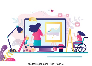 Disabled woman sits in wheelchair and draws. Art teacher on computer screen. Female character with disability learning to draw online. Equal opportunity and accessibility. Flat vector illustration