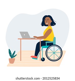 Disabled woman sitting in a wheelchair. The concept of employment for people with special needs Black businesswoman is working at laptop. Employment, social adaptation concept Flat vector illustration